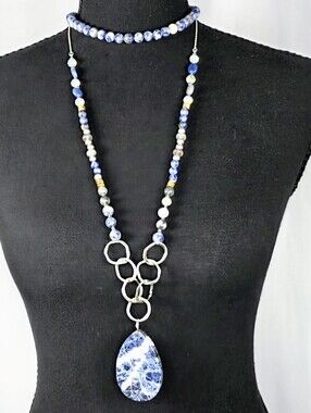 Blue Stone Pendant Necklace Set Beaded Choker Layered Boho Jewelry